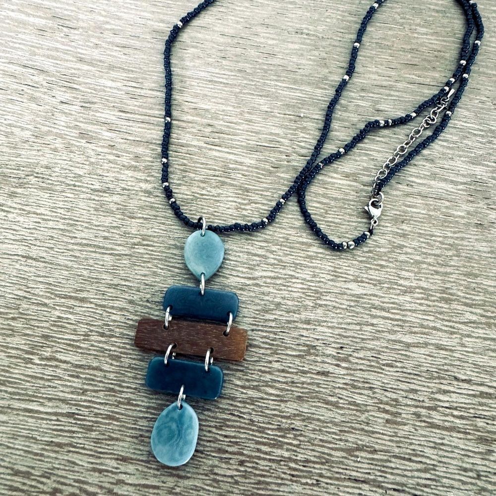 Boho Blue Wood Pendant Seed Bead Necklace